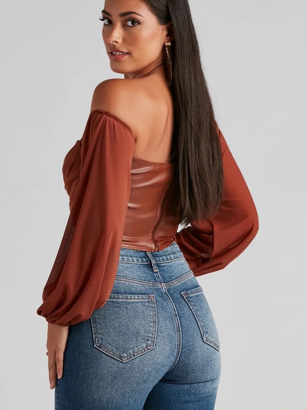 Rust Brown Women's Off-Shoulder Corset Top - Picture 6 of 6